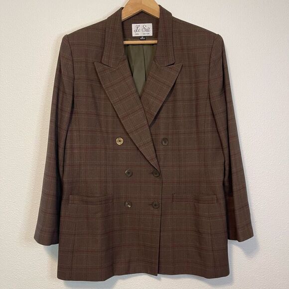 Vintage Le Suit Plaid Double Breasted Oversized Brown Blazer Jacket Size 16 - Picture 1 of 8
